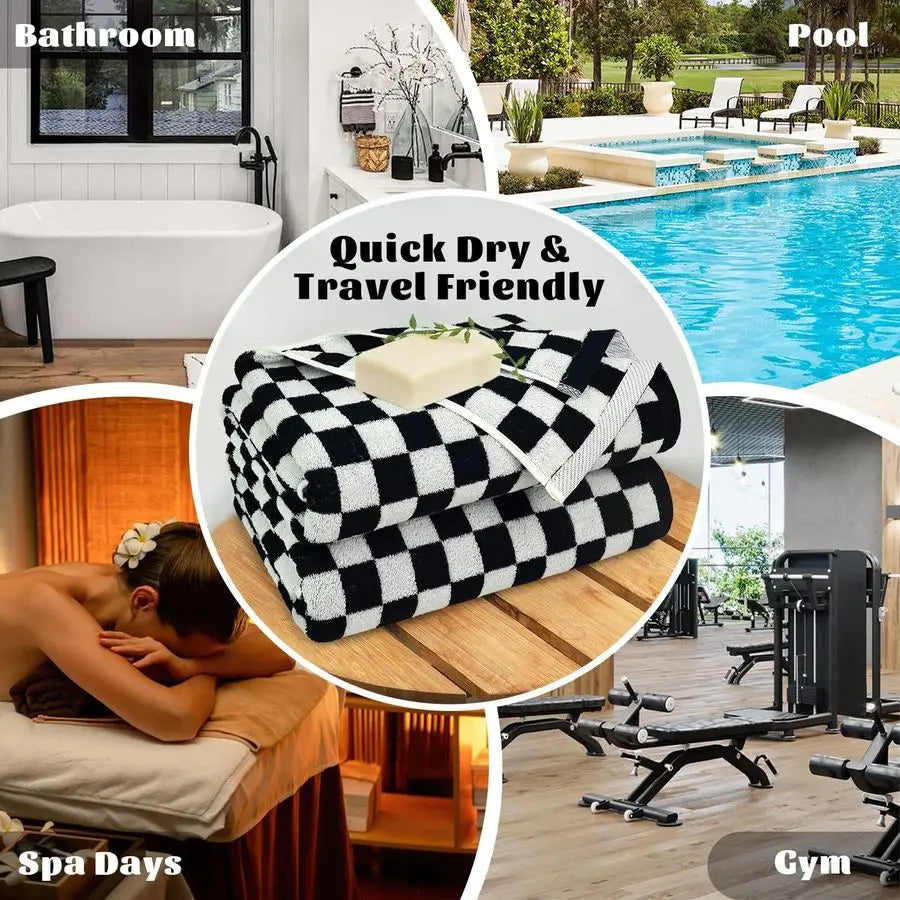 Travel image featuring 2-Pack Luxurious Black and White Checkered Cotton Bath Towels, showcasing the convenience of luxurious black and white towels.