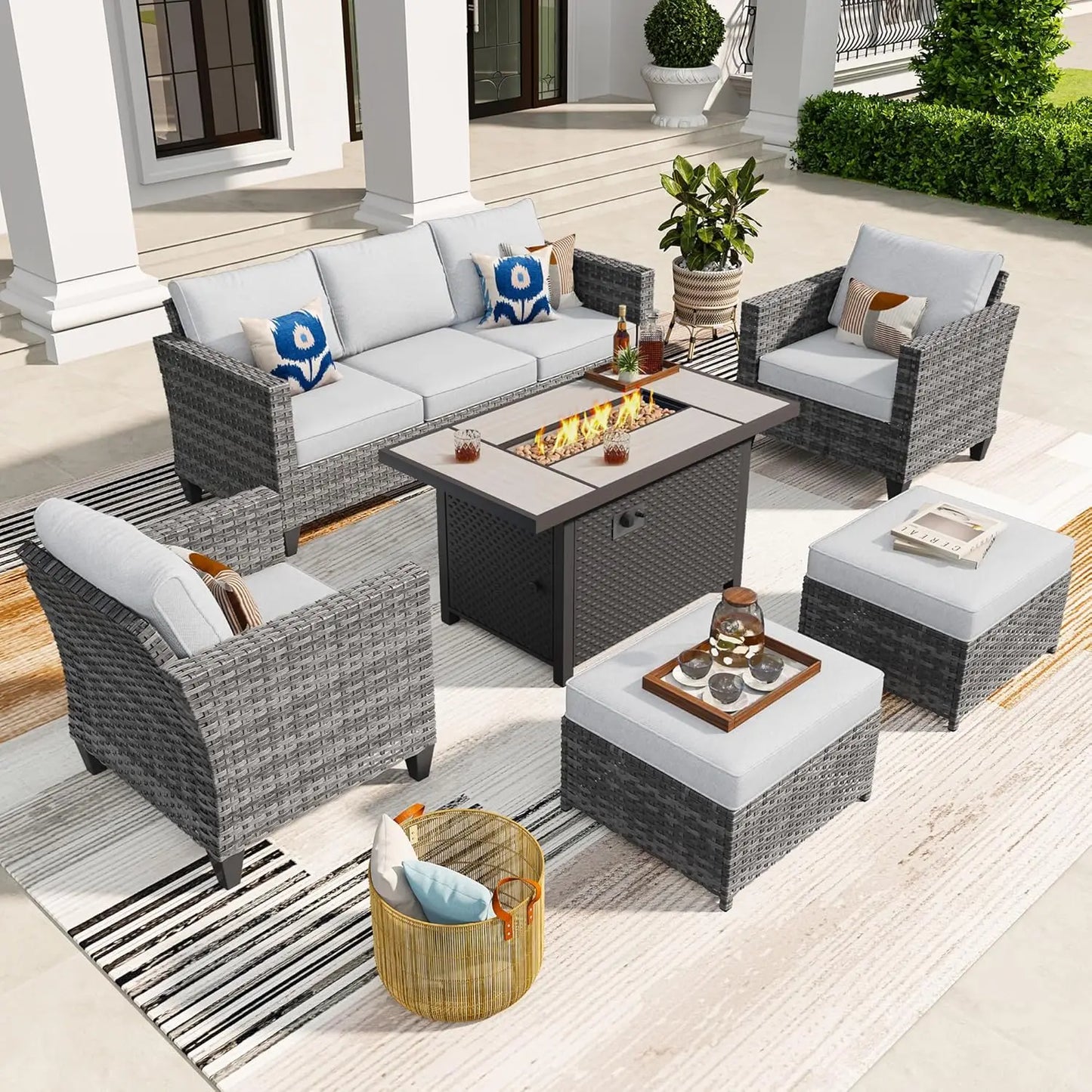 The Modern 6-Piece Rattan Wicker Patio Furniture Set with vibrant cushion options, embodying the essence of modern wicker patio furniture for outdoor relaxation.