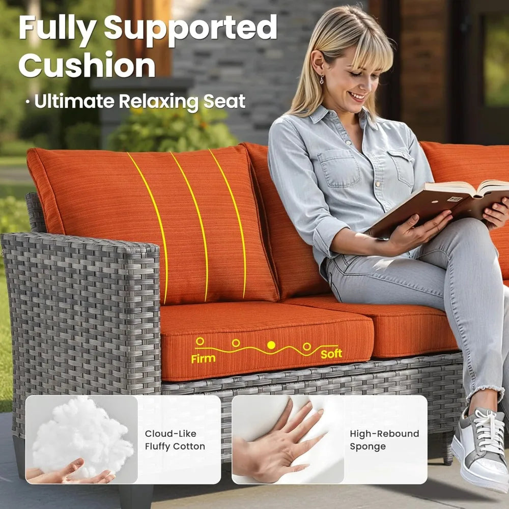 Stylish arrangement of the Modern 6-Piece Rattan Wicker Patio Furniture Set highlighting the plush cushions and elegant design of modern wicker patio furniture.