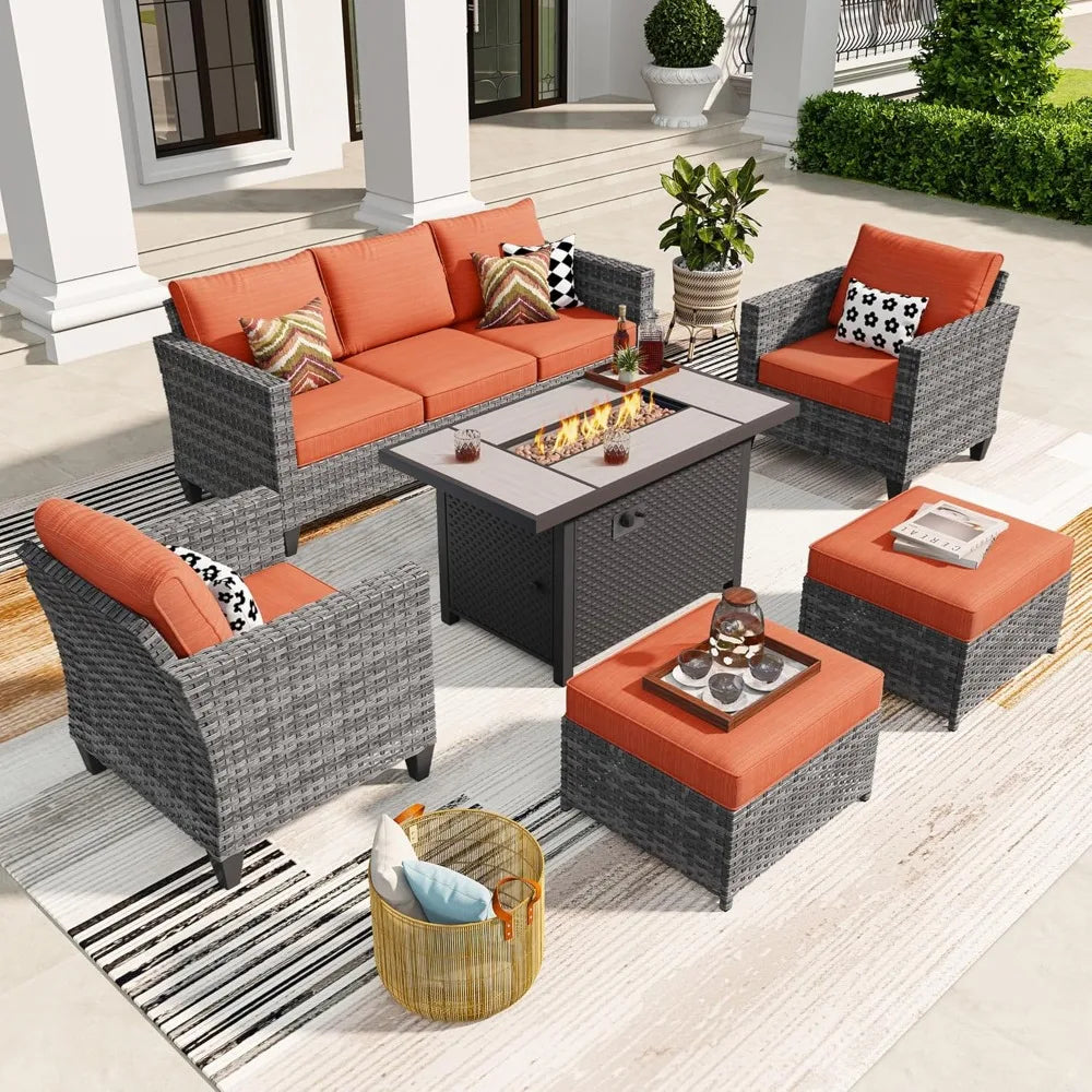 Modern 6-Piece Rattan Wicker Patio Furniture Set showcasing the comfortable seating and stylish design of modern wicker patio furniture.