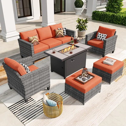 Modern 6-Piece Rattan Wicker Patio Furniture Set showcasing the comfortable seating and stylish design of modern wicker patio furniture.
