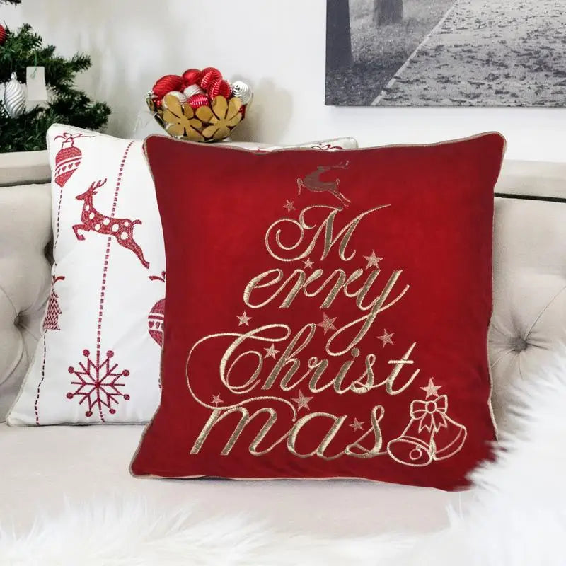 Luxurious Red Velvet Throw Pillow 20" x 20" featuring shimmering "Merry Christmas" embroidery, perfect for festive decor.