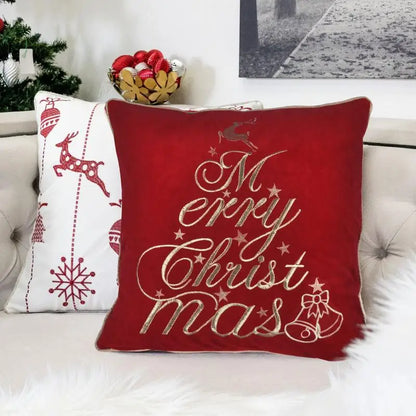 Luxurious Red Velvet Throw Pillow 20" x 20" featuring shimmering "Merry Christmas" embroidery, perfect for festive decor.